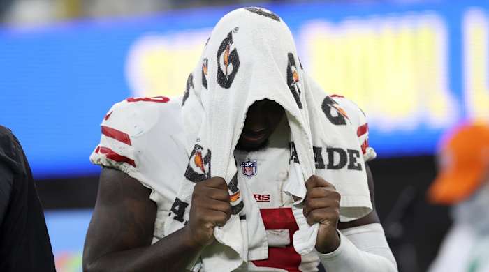 San Francisco 49ers' Deebo Samuel walks off the field after the NFC Championship NFL football game against the Los Angeles Rams Sunday, Jan. 30, 2022, in Inglewood, Calif. The Rams won 20-17 to advance to the Super Bowl.